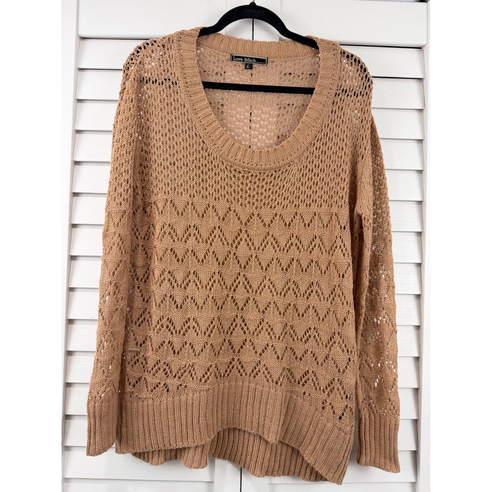 Love Stitch Open Knit Sweater Women L Tan Scoop Neck Pointelle Lightweight‎ Boho